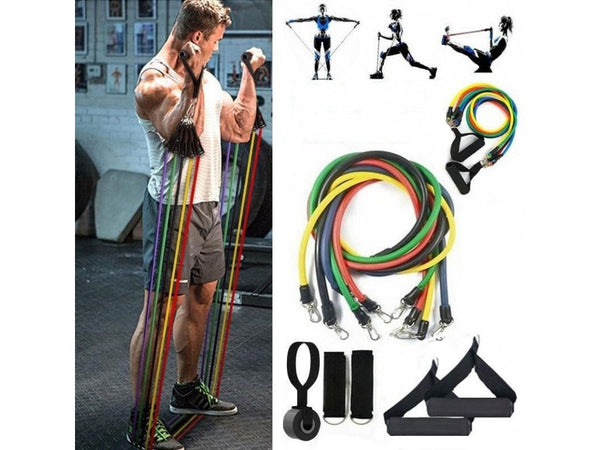 Set Kit centura electrostimulare 3 piese, abdomen si brate + Corzi extensibile pentru fitness cu prinderi multiple, 11 piese