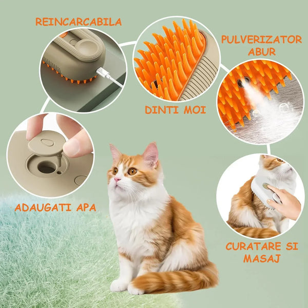 1+1 CADOU Perie cu Abur pentru Animale de Companie, 3 in 1, Masaj, Indeparteaza Parul, Curatare, Incarcare USB-C