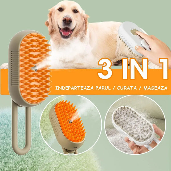 1+1 CADOU Perie cu Abur pentru Animale de Companie, 3 in 1, Masaj, Indeparteaza Parul, Curatare, Incarcare USB-C