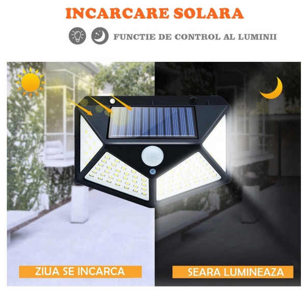 Set 8 Lampi solare 100 LED, cu senzor de miscare + Lanterna Cadou
