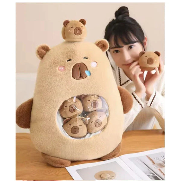 Capibara de Plus cu 6 Pui, Maro, 50 cm,Set Jucării Pufoase