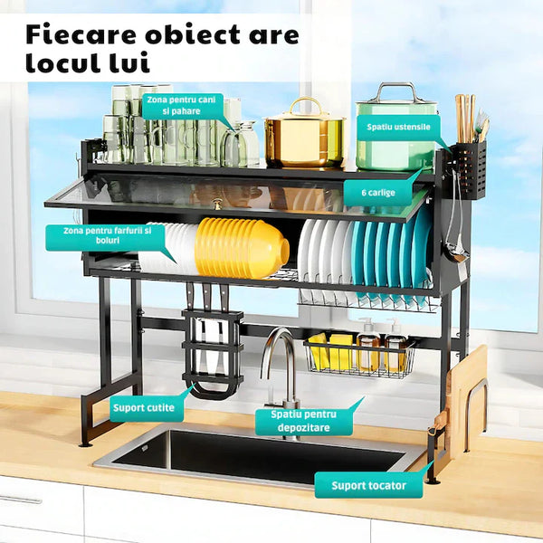 Scurgator, Raft vase, 85 cm lungime, otel Premium inoxidabil, anticoroziune, design versatil, uscare/depozitare, negru