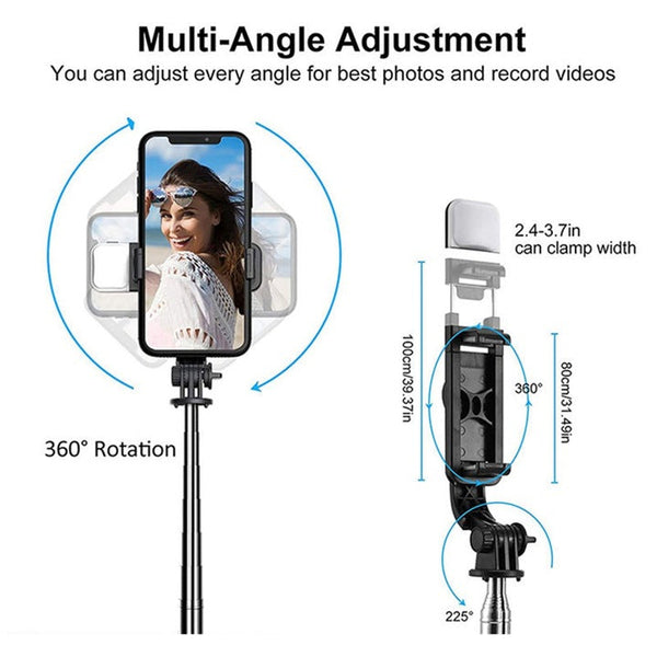 Trepied selfie stick Bluetooth cu lumină LED, extensibil 105 cm, Negru