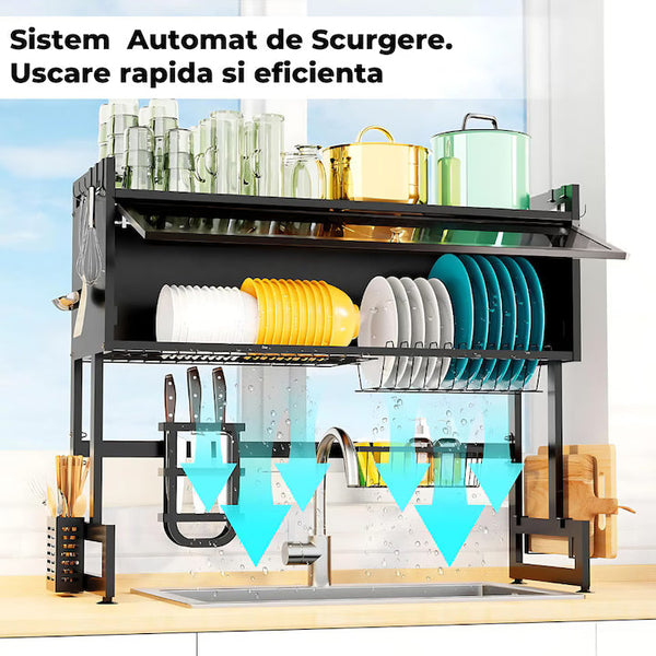 Scurgator, Raft vase, 85 cm lungime, otel Premium inoxidabil, anticoroziune, design versatil, uscare/depozitare, negru