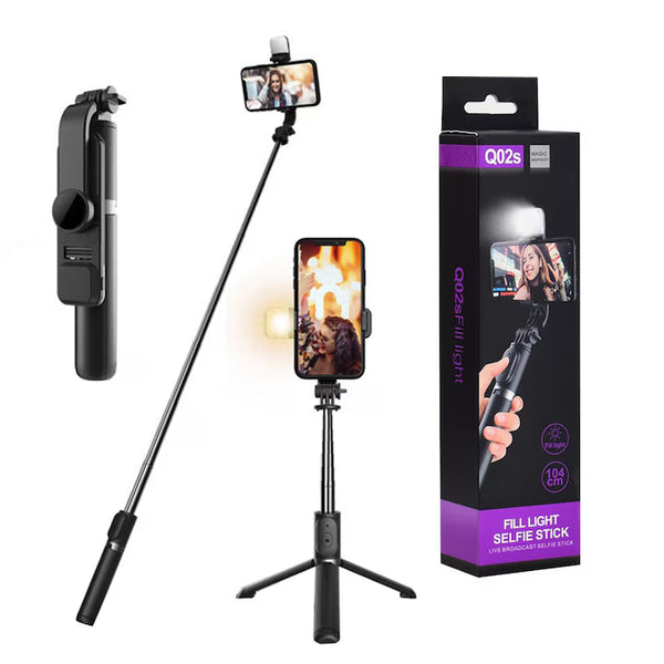 Trepied selfie stick Bluetooth cu lumină LED, extensibil 105 cm, Negru