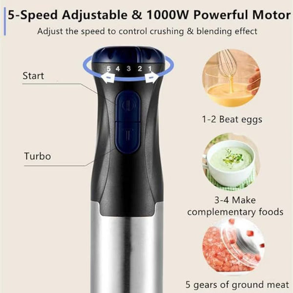 Set mixer de mana 4-in-1, 5 viteze, 500 W, inox, accesorii incluse, argintiu