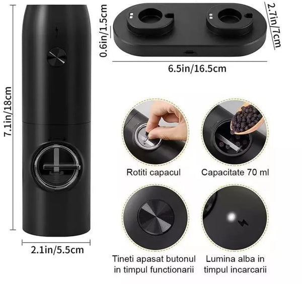 Set 2 Rasnite Electrice Pentru Sare Piper Sau Alte Condimente Inoxidabil Nivel Rasnire Ajustabil Incarcare USB Tyce-C