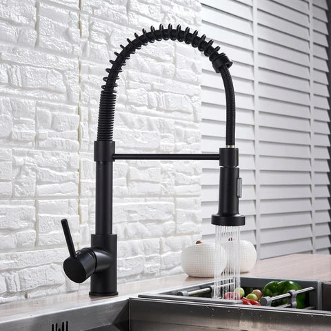 Baterie de bucatarie retractabila, rotire 360 grade, negru, montare pe blat