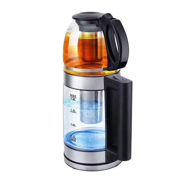 Incalzitor de Apa Electric cu Ceainic din Sticla, 2.2L, 1500W, LED, Pastrare Temperatura, Design Negru/Argintiu