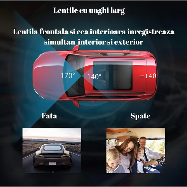 Camera auto DVR, vizualizare 170°, 3 camere, ecran 2", vizualizare nocturna, full HD 1080 P, detectare miscare