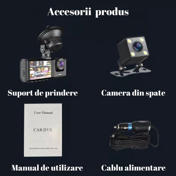 Camera auto DVR, vizualizare 170°, 3 camere, ecran 2", vizualizare nocturna, full HD 1080 P, detectare miscare