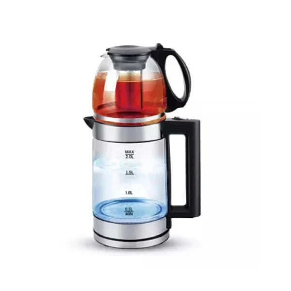 Incalzitor de Apa Electric cu Ceainic din Sticla, 2.2L, 1500W, LED, Pastrare Temperatura, Design Negru/Argintiu